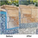 swimming pool tile cleaning Natural stone and glass tile combo cleaning repair, Palm Springs pool tile cleaning services