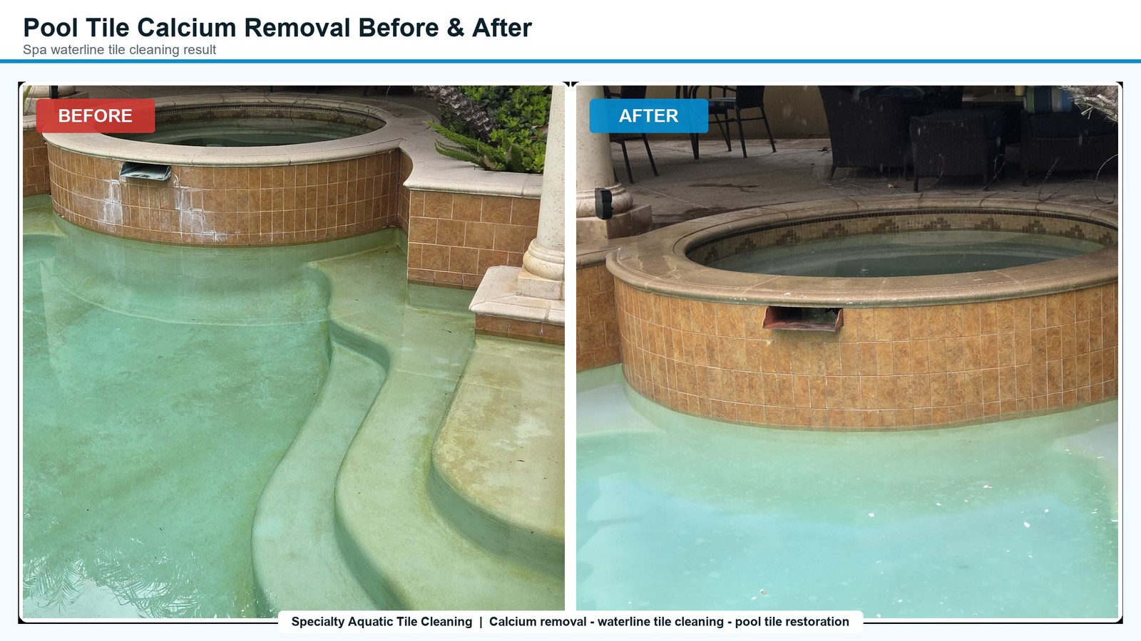 pool spa before and after calcium removal and waterline tile cleaning