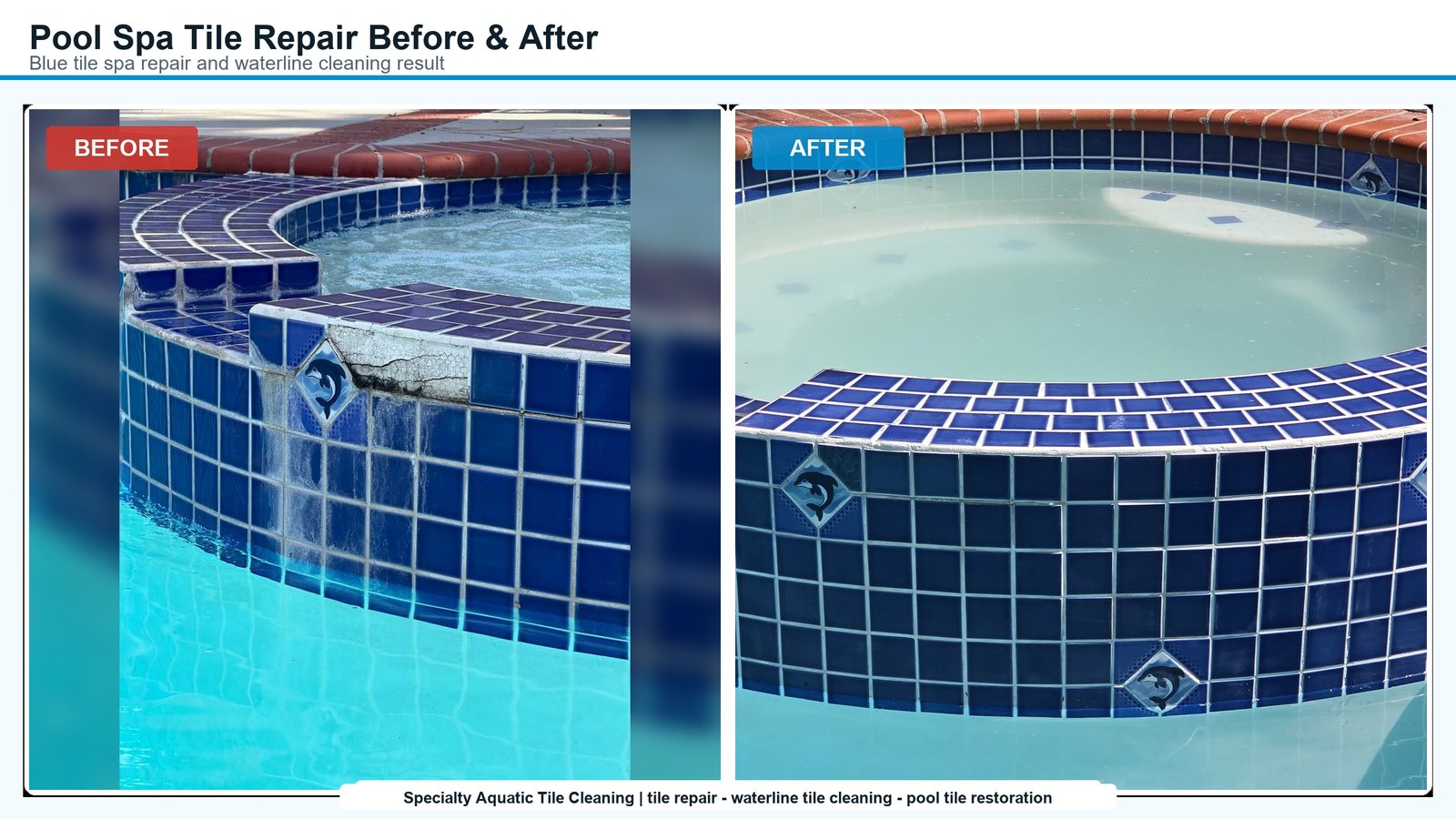 pool spa tile repair before and after blue tile waterline cleaning result