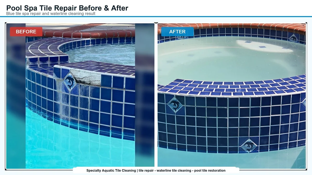 Blue spa tile before and after repair of a missing waterline tile section