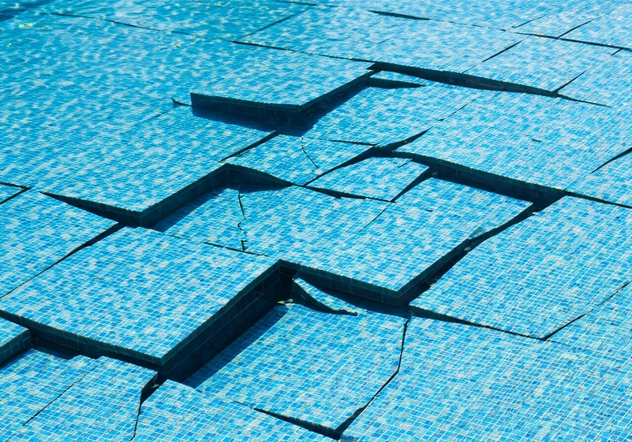 damaged pool tiles close-up